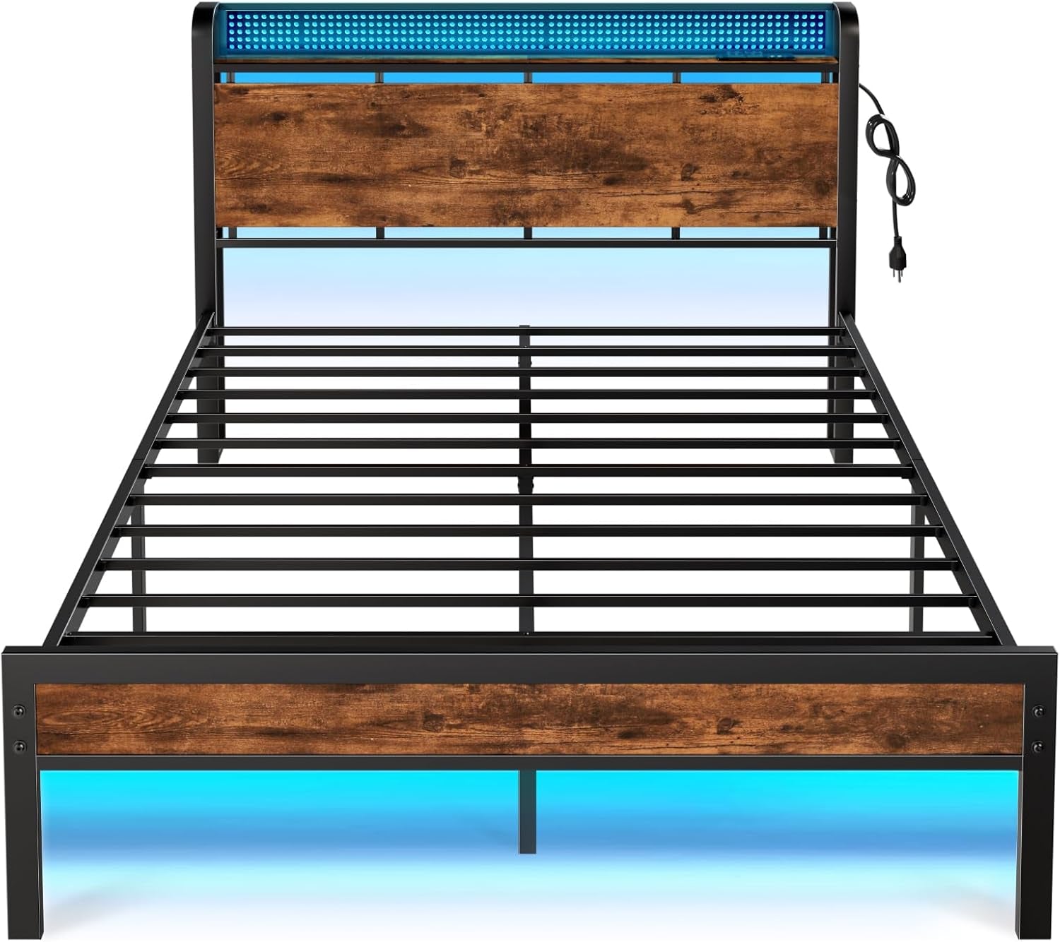 Queen Bed Frame with Headboard Storage, Bed Frame Queen Size with Charging Station and LED Lights No Box Spring Needed,Heavy Duty Steel Slats,Noise Free