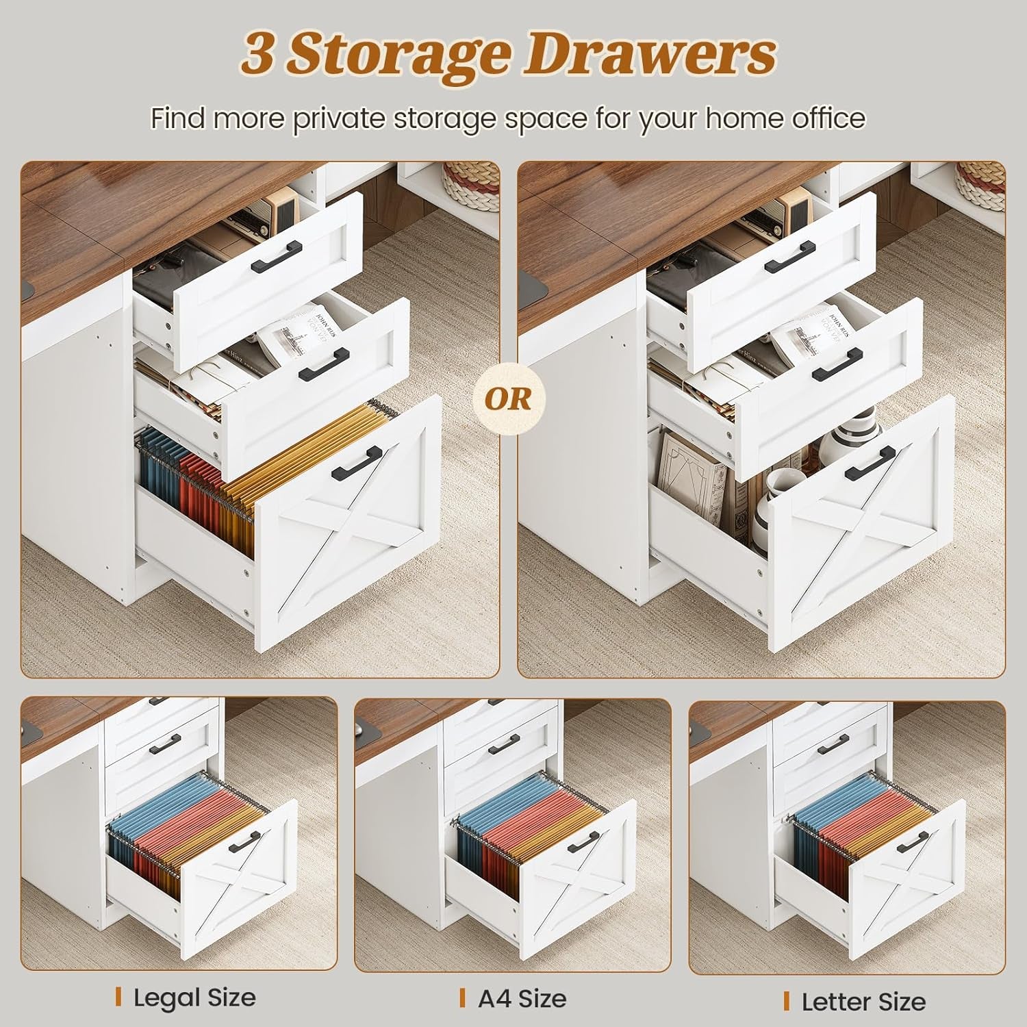 Farmhouse 96.5" Computer Desk with Drawers, 2 Person Home Office Desk, Gaming Double Desk with Storage Shelves, Long Two Person Writing Desk (White and Brown)