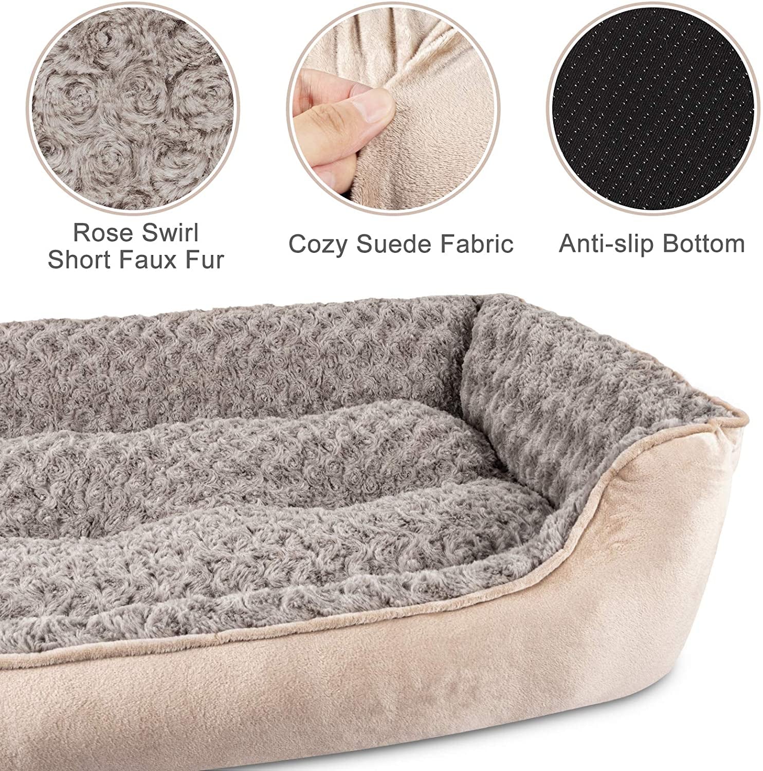 Rectangle Dog Bed for Large Medium Small Dogs - Washable Orthopedic Sofa Bed, Soft Breathable Puppy & Pet Cuddler, Durable Calming Dog Bed with Anti-Slip Bottom, Multiple Sizes, Beige