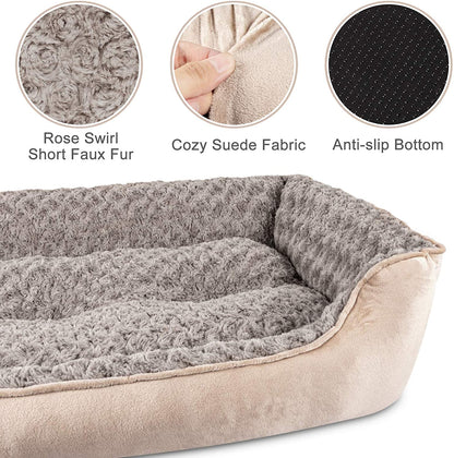 Rectangle Dog Bed for Large Medium Small Dogs - Washable Orthopedic Sofa Bed, Soft Breathable Puppy & Pet Cuddler, Durable Calming Dog Bed with Anti-Slip Bottom, Multiple Sizes, Beige