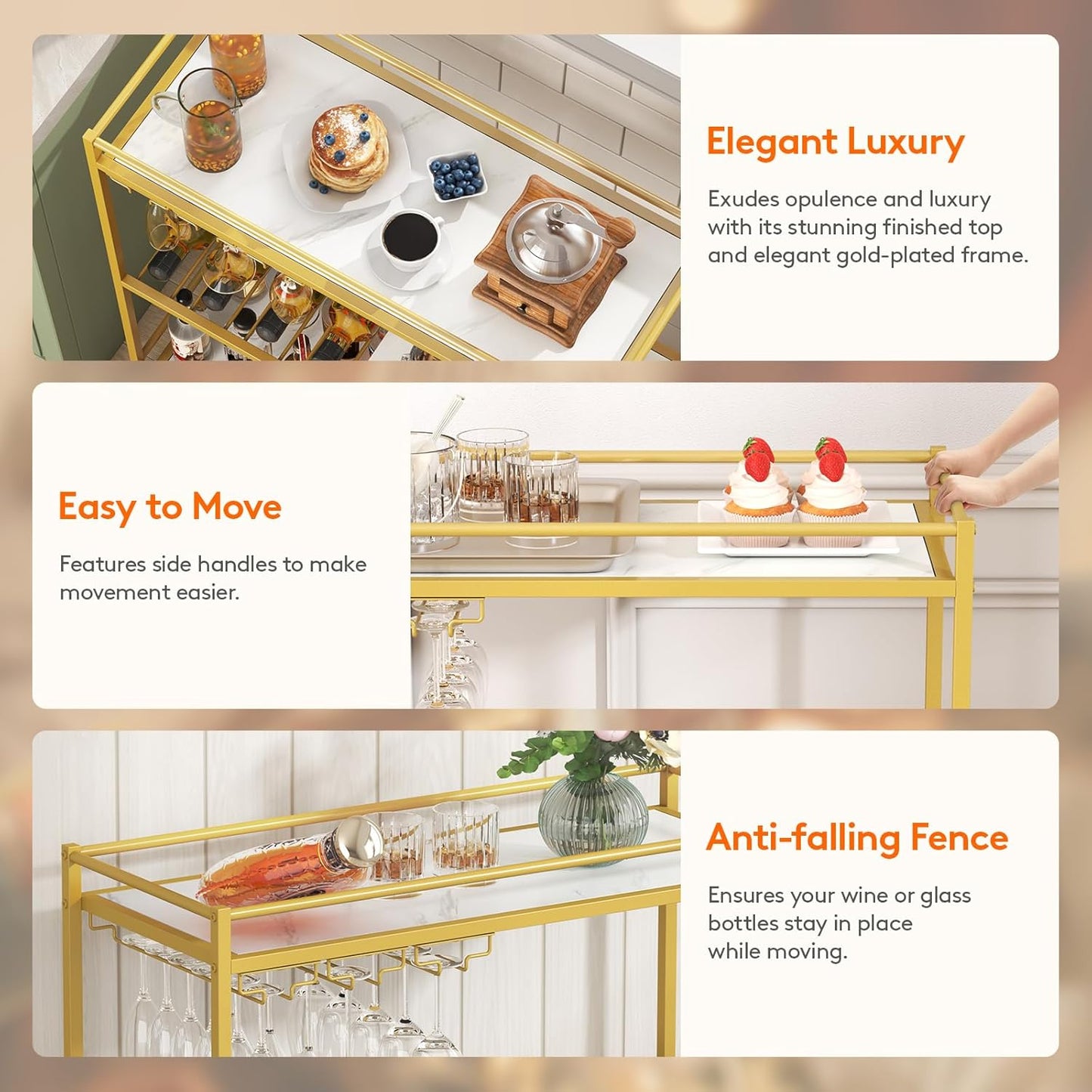Bar Cart Gold, 3 Tier Wine Rolling Cart with Lockable Wheels, 12 Glass Holders and 4 Wine Rack, Home Serving Drink Liquor Cart for Kitchen Dining Living Room, 31.6" X 13.1" X 33.9", Gold