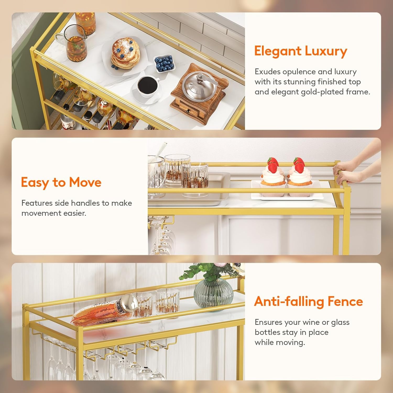 Bar Cart Gold, 3 Tier Wine Rolling Cart with Lockable Wheels, 12 Glass Holders and 4 Wine Rack, Home Serving Drink Liquor Cart for Kitchen Dining Living Room, 31.6" X 13.1" X 33.9", Gold