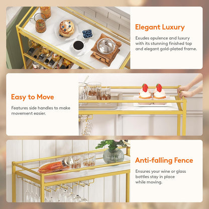 Bar Cart Gold, 3 Tier Wine Rolling Cart with Lockable Wheels, 12 Glass Holders and 4 Wine Rack, Home Serving Drink Liquor Cart for Kitchen Dining Living Room, 31.6" X 13.1" X 33.9", Gold