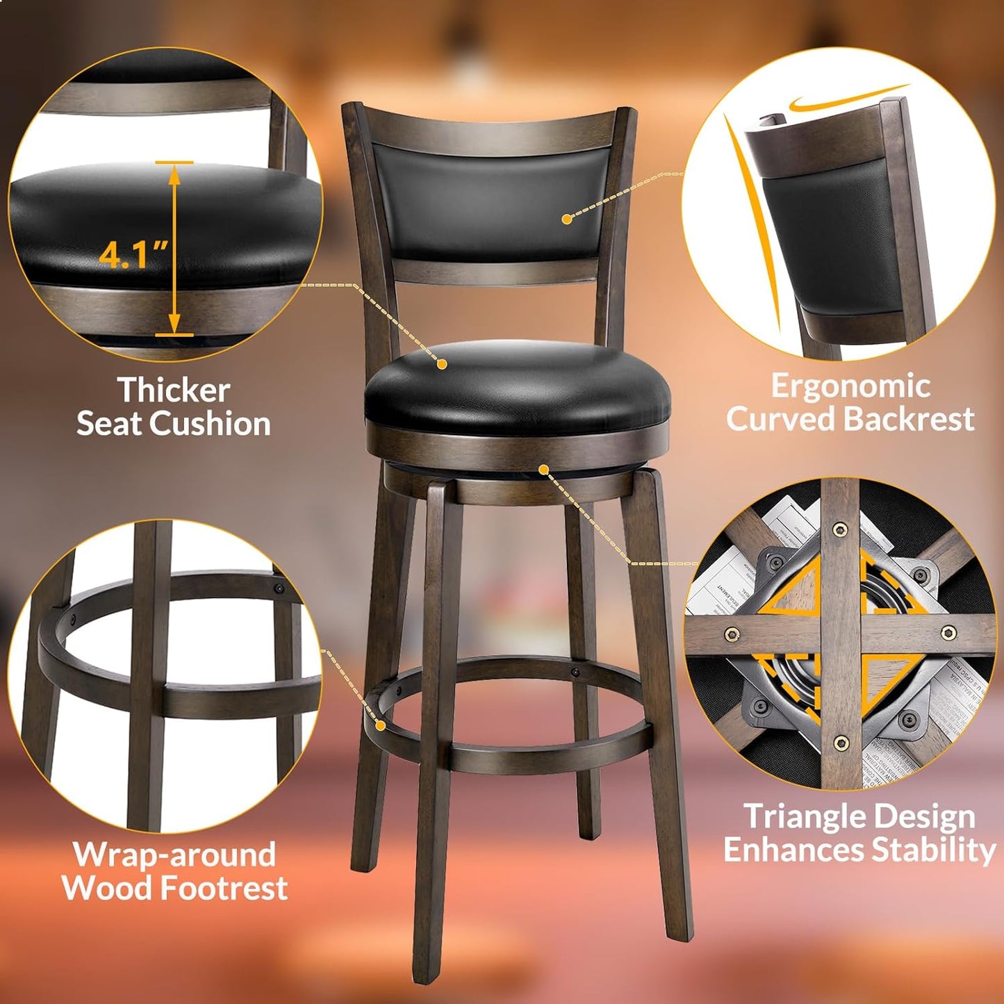 Swivel Bar Stools Set of 2, 30 Inch Bar Height Barstools, Black Faux Leather Bar Stool with High Backrest & Solid Wood Legs & Wrap-Around Footrest, Counter Stools for Kitchen Island, Pub