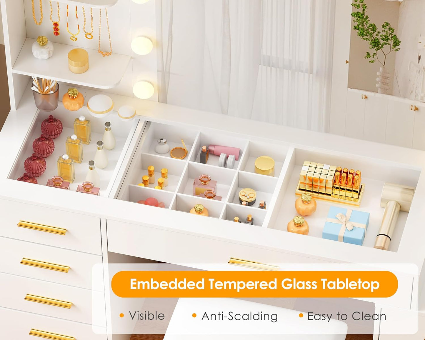 49.2" Large Vanity Desk with Mirror and Lights White Makeup Vanity Desk with Glass Top and Power Outlet 8 Drawers Nightstand 5 Hooks Vanity Table with Stool for Bedroom Women Girls UBDT88W