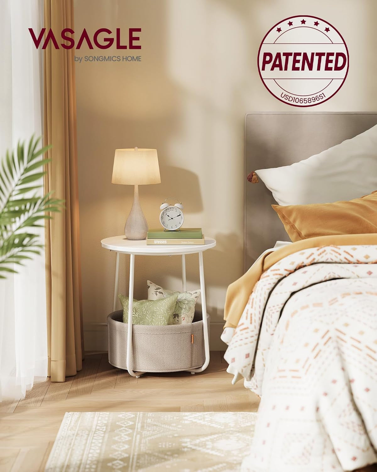 Nightstands, Set of 2 Small round Side Tables with Fabric Basket, Bedside End Tables, for Bedroom, Jelly Pink and Cream White ULCT668R01