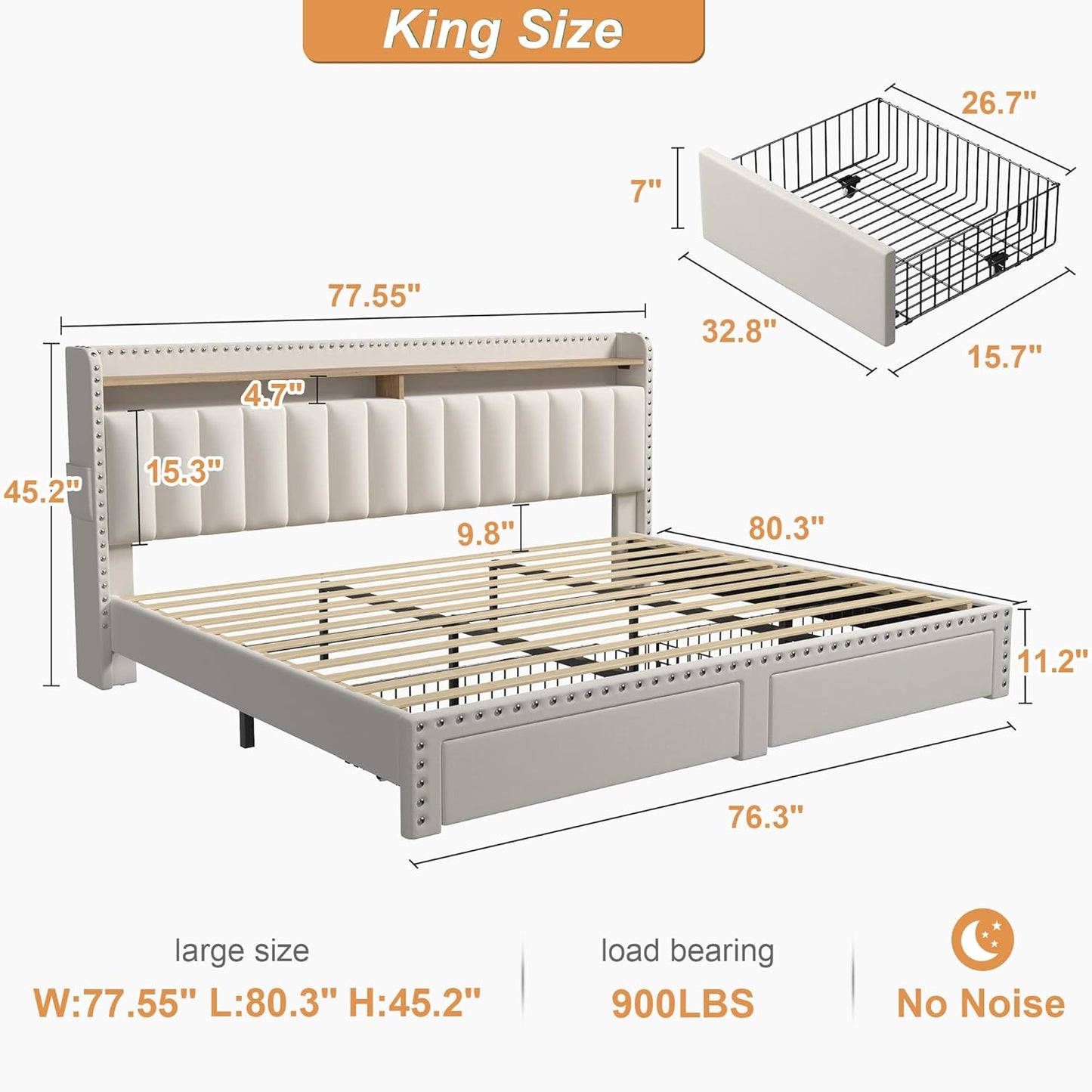 King Size Bed Frame, Upholstered King Bed Frame with 2 Storage Drawers and 2-Tier Headboard, Vertical Tufted Headboard Design, Extra Storage Space for Bedroom Apartment, Beige