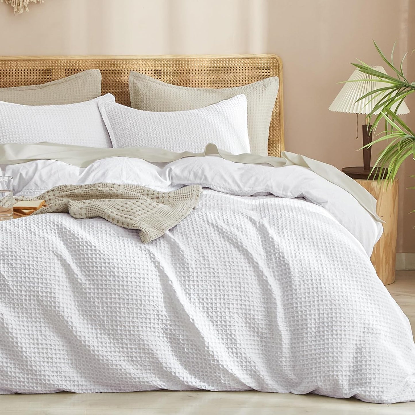 Waffle Weave Duvet Cover Set King Size, No Snagging Ultra Soft Luxury Textured Breathable Comforter Cover for All Season 3Pcs, Durable Bedding Duvet Set with 2 Pillow Shams, 104"X90", White