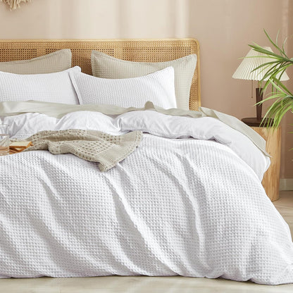 Waffle Weave Duvet Cover Set King Size, No Snagging Ultra Soft Luxury Textured Breathable Comforter Cover for All Season 3Pcs, Durable Bedding Duvet Set with 2 Pillow Shams, 104"X90", White