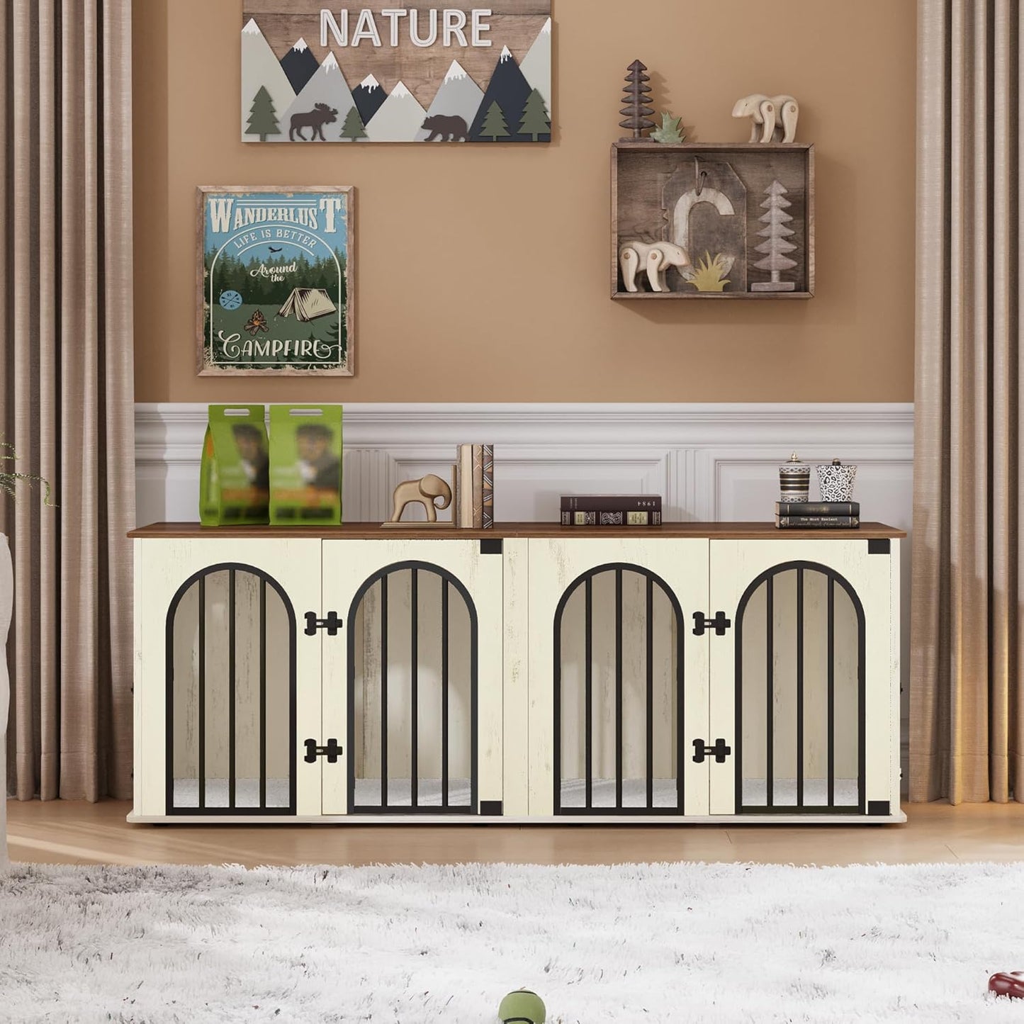 88.4" Dog Crate Furniture for 2 Dogs, Heavy Duty Indoor Dog Kennel TV Stand, XXL Wooden Dog Cage with Divider for Medium Large Dogs, End Table Dog Crate with Cushion, Greige Black DFC84005BV1