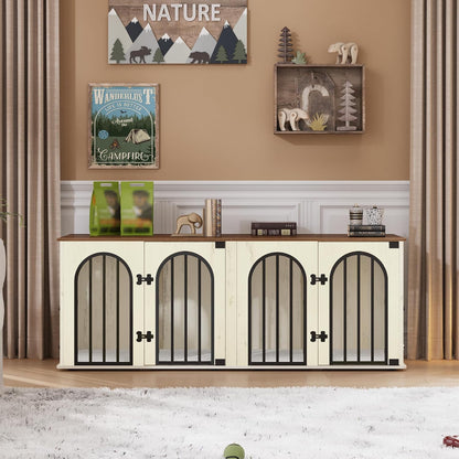 71" Dog Crate Furniture for 2 Dogs, Heavy Duty Indoor Dog Kennel TV Stand, XL Wooden Dog Cage with Divider for Medium Large Dogs, End Table Dog Crate with Cushion, White Brown DFC81914B