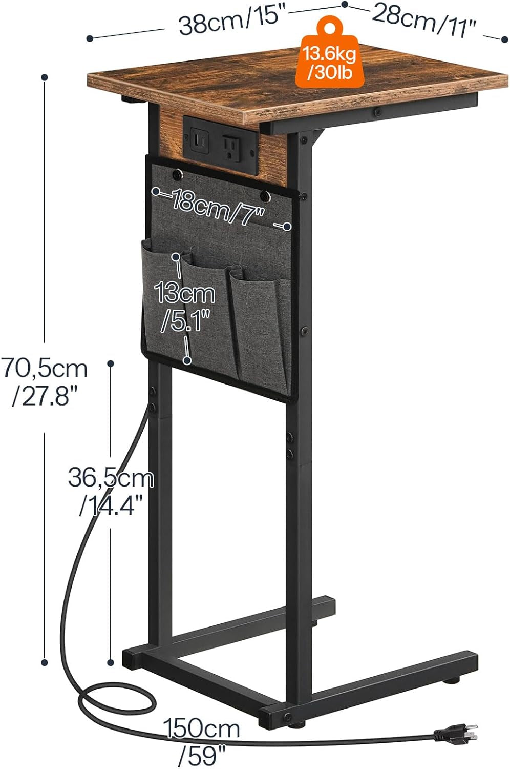 C Shaped Side Table with Charging Station, Slide under Couch Table, 27.8" Tall Side Table for Sofa Arm with Fabric Storage Pocket, for Living Room, Bedroom, Rustic Brown BF73USF01