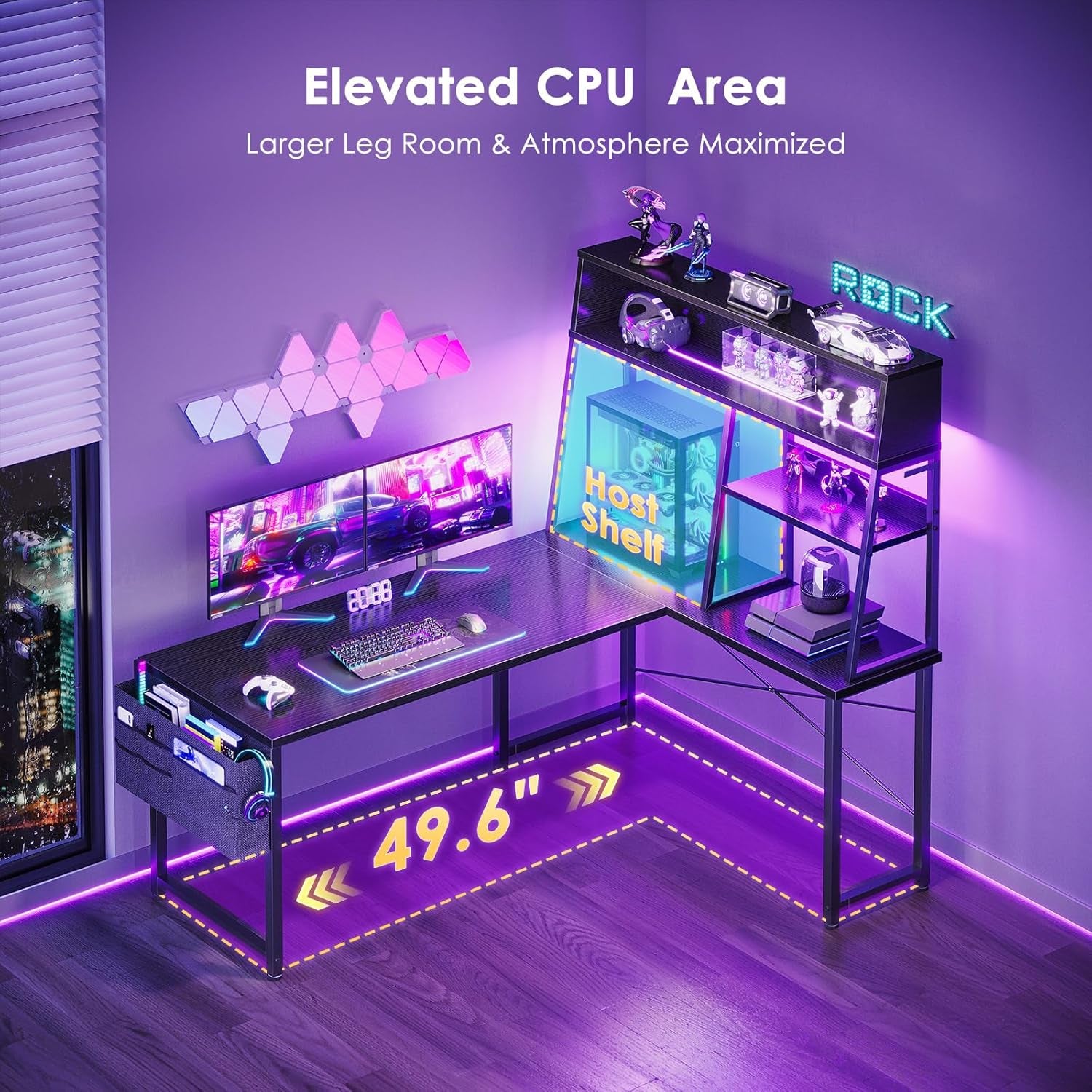 L Shaped Gaming Desk with Led Lights, 51 Inch Reversible Gaming Computer Desk with Display Shelves, PC Gamer Desk Gamer Table with Storage Bag, L Desk for Game, Black