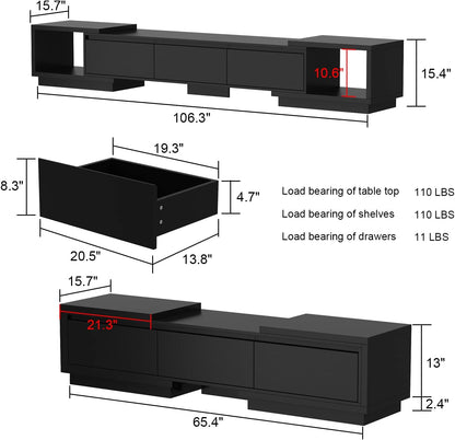 Deformable TV Console with 3 Drawers, Modern Extendable TV Stand in Stretch of 65"-106" Wide, Wood Media Gaming Entertainment Center, Black