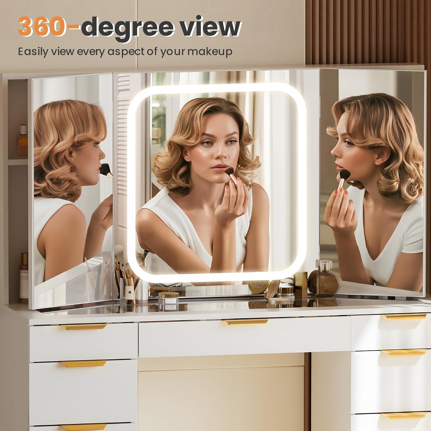 11 Drawers Vanity Desk with Foldable Mirror, Glass Top Makeup Vanity with LED Lights, 3 Lighting Modes, Golden Handles Dressing Table with Chair and Power Outlet