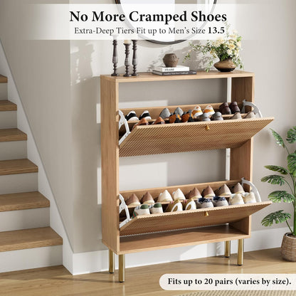Shoe Storage Cabinet for Entryway - Flip Shoe Cabinet with Tiered Fluted Design - Slim Shoe Storage Rack with Gold Legs - Narrow Shoe Cabinet Hidden Shoe Organizer for Small Spaces