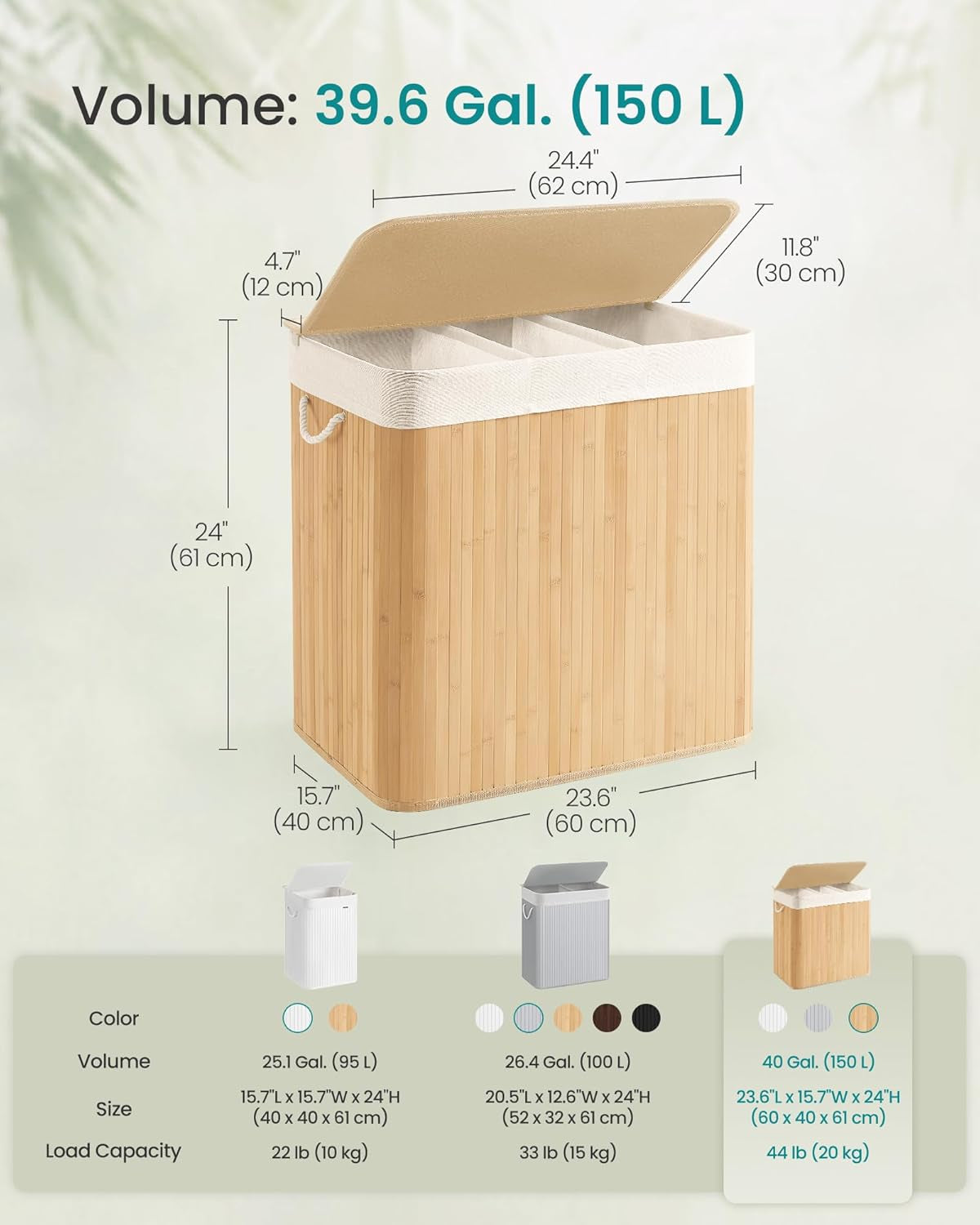 Laundry Hamper, 39.6 Gal. (150 L), 3-Section Laundry Basket, Laundry Hamper with Lid, Bamboo, Foldable, Removable and Machine Washable Liner, for Laundry Room, Bedroom, Natural ULCB091N01