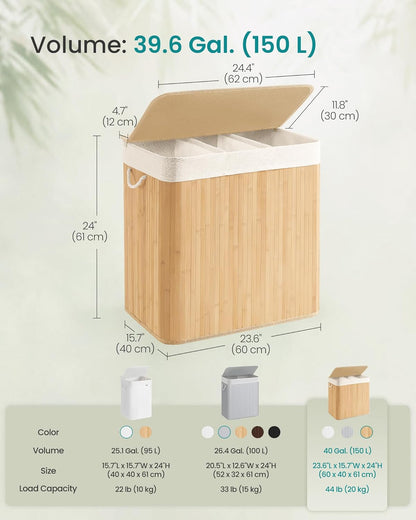 Laundry Hamper, 39.6 Gal. (150 L), 3-Section Laundry Basket, Laundry Hamper with Lid, Bamboo, Foldable, Removable and Machine Washable Liner, for Laundry Room, Bedroom, Natural ULCB091N01