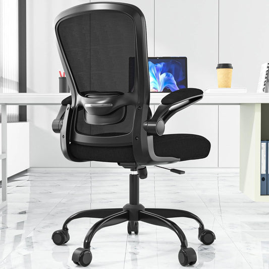 Ergonomic Office Chair - BIFMA Certified, Flip-Up Armrests & 135° Recline, Adjustable Lumbar Support - Space-Saving Task Chair for Business/Team Office & Home (Black, 300Lbs)