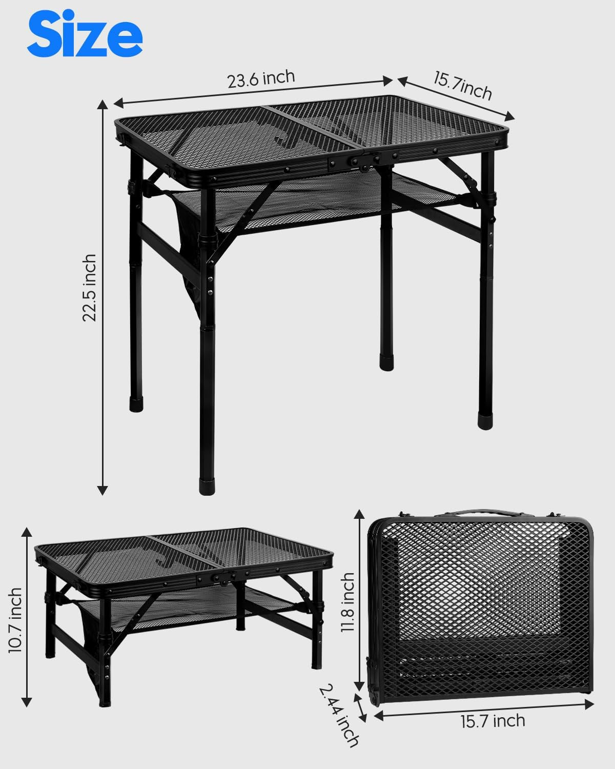 Folding Grill Table, Height Adjustable Aluminum Table with Mesh Desktop and Mesh Bag, Portable Grill Table for Outdoor Camping, Picnic, Patio, Dining, BBQ, Party, Black, 23.6×15.7 Inch