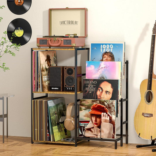 Record Player Stand, Turntable Stand with 4-Tier Vinyl Record Storage, Record Player Table Storage up to 200+ Albums, Record Player Cabinet with Vinyl Display Holder Shelf, Vinyl Table for Living Room
