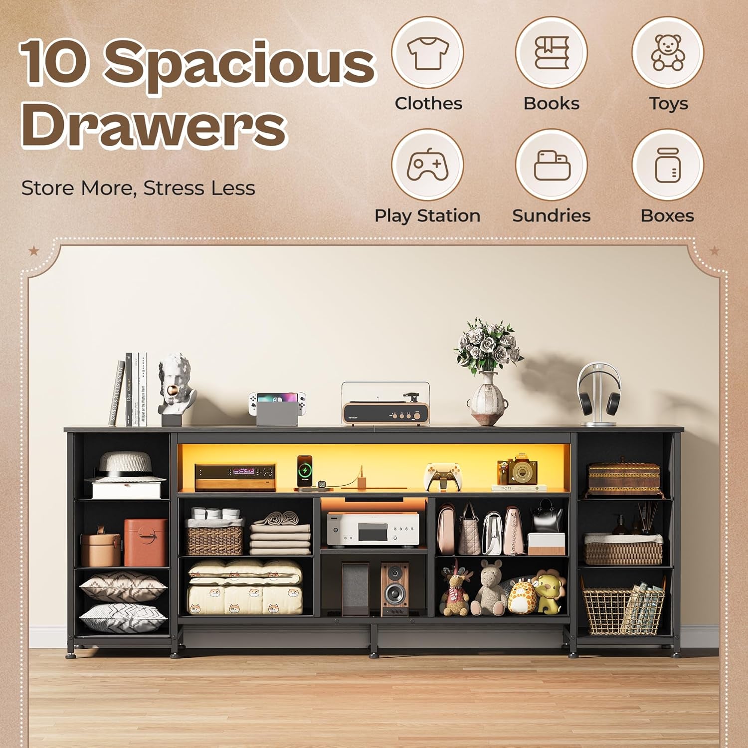 63 Inch LED TV Stand Dresser with Power Outlets, USB-C Port and LED Lights, 10 Fabric Drawer Dresser for Bedroom, Long Entertainment Center for 65, 70 Inch TV, Open Shelves, PU Leather, Black