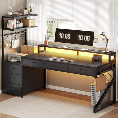 55" Gaming Desk with 6 Drawers, Corner Gaming Desk with Storage & LED Lights, Reversible PC Desk with Power Outlet, Corner Computer Desk with Hutch, Monitor Stand, Side Hook, Carbon Fiber Black