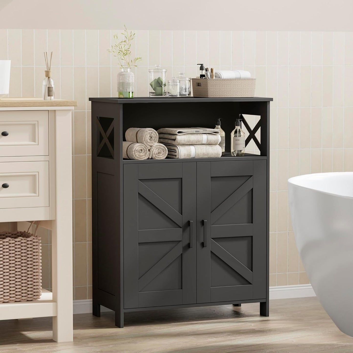Farmhouse Bathroom Storage Cabinet with 2 Doors, Toilet Paper Cabinet with Adjustable Shelves, Small Bathroom Cabinet for Kitchen/Laundry/Living Room, 11.8 X 23.6 X 31.5 Inches, Black