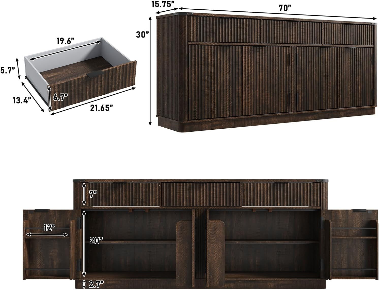 70” Large Curved Buffet Cabinet with 3 Storage Drawers,Kitchen Fluted Sideboard Cabinet W 4 Door Shelves,W Load-Bearing Steel Pipe,Wood Farmhouse Coffee Bar Cabinets,Kitchen Pantry(Rustic Brown)
