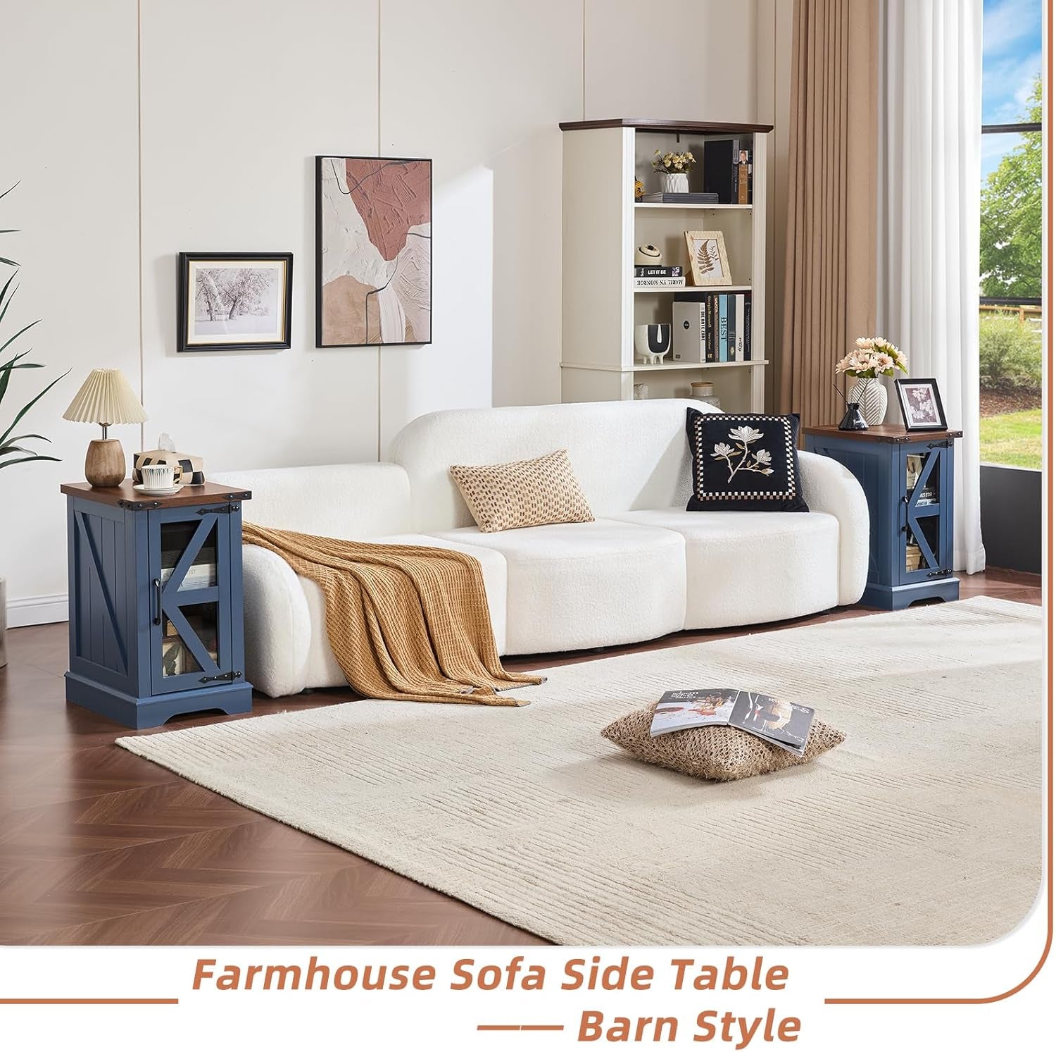 Narrow Night Stand for Small Spaces, Farmhouse Side End Table with Glass Barn Door Storage, Navy Blue Bedside Tables, Nightstand Cabinet Organizer for Living Room Bedroom