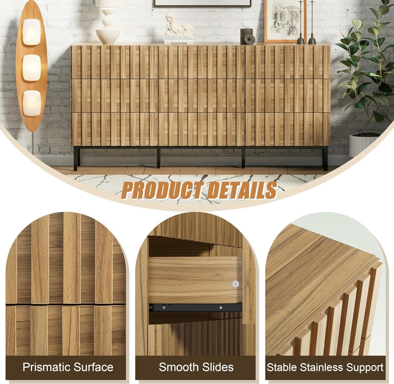 3PCS Dresser and Nightstand Sets for Bedroom, 59" Wide 9 Drawer Dresser & Nightstand Set of 2, Modern Fluted Solid Wood Closet Dressers, Bedroom Furniture Set (Natural Wood)