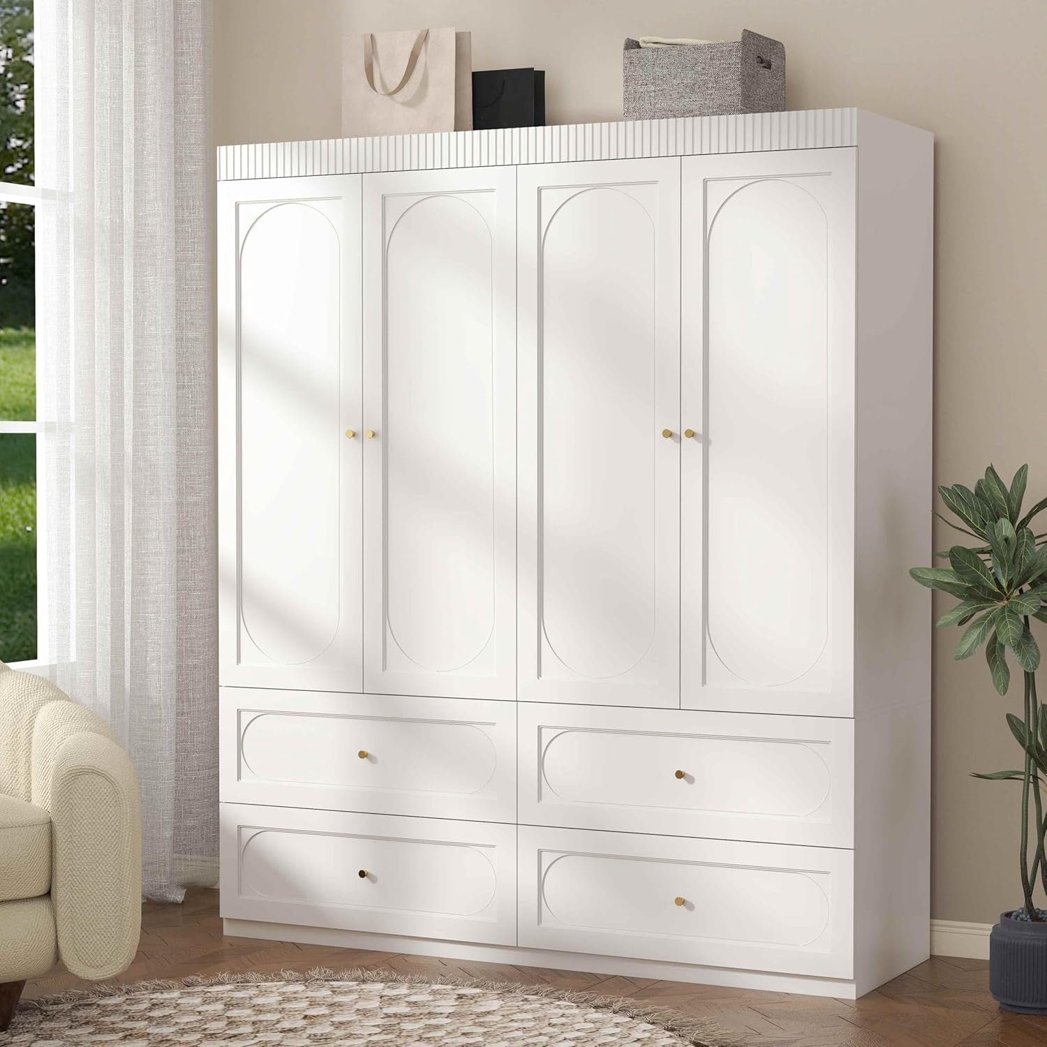 White Armoire Wardrobe Closet: 74" Large Wardrobe Closet with 4 Drawers, 4 Door Armoire Wardrobes for Hanging Clothes, Modern Wooden Closets for Bedroom (White)