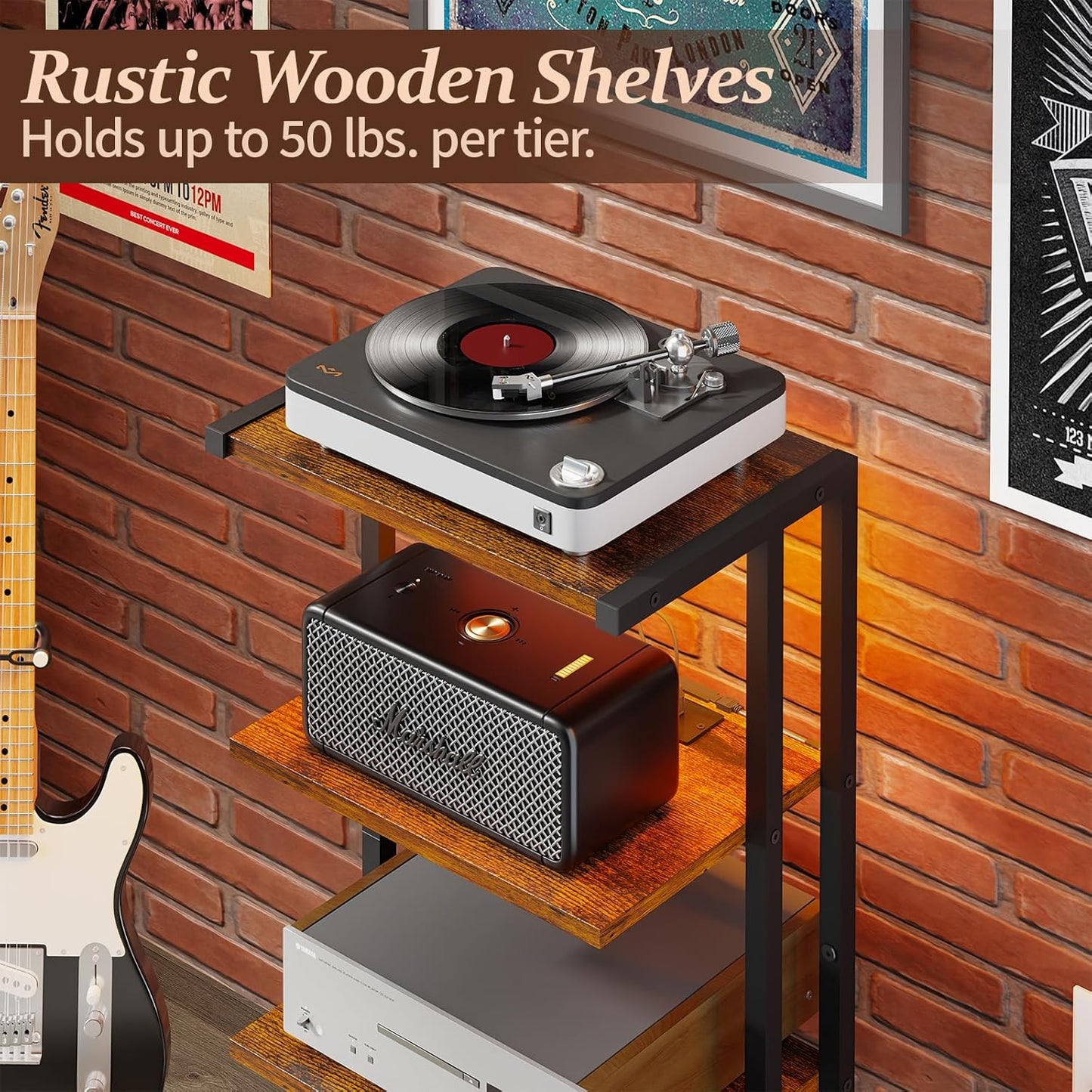 16.5" Small 4-Tier AV Media Stand with Power Strips,Narrow Version Wooden Corner TV Stand Shelf with LED Lights,Stereo Cabinet Audio Rack Stand Tower for Small Media Players and Boxes