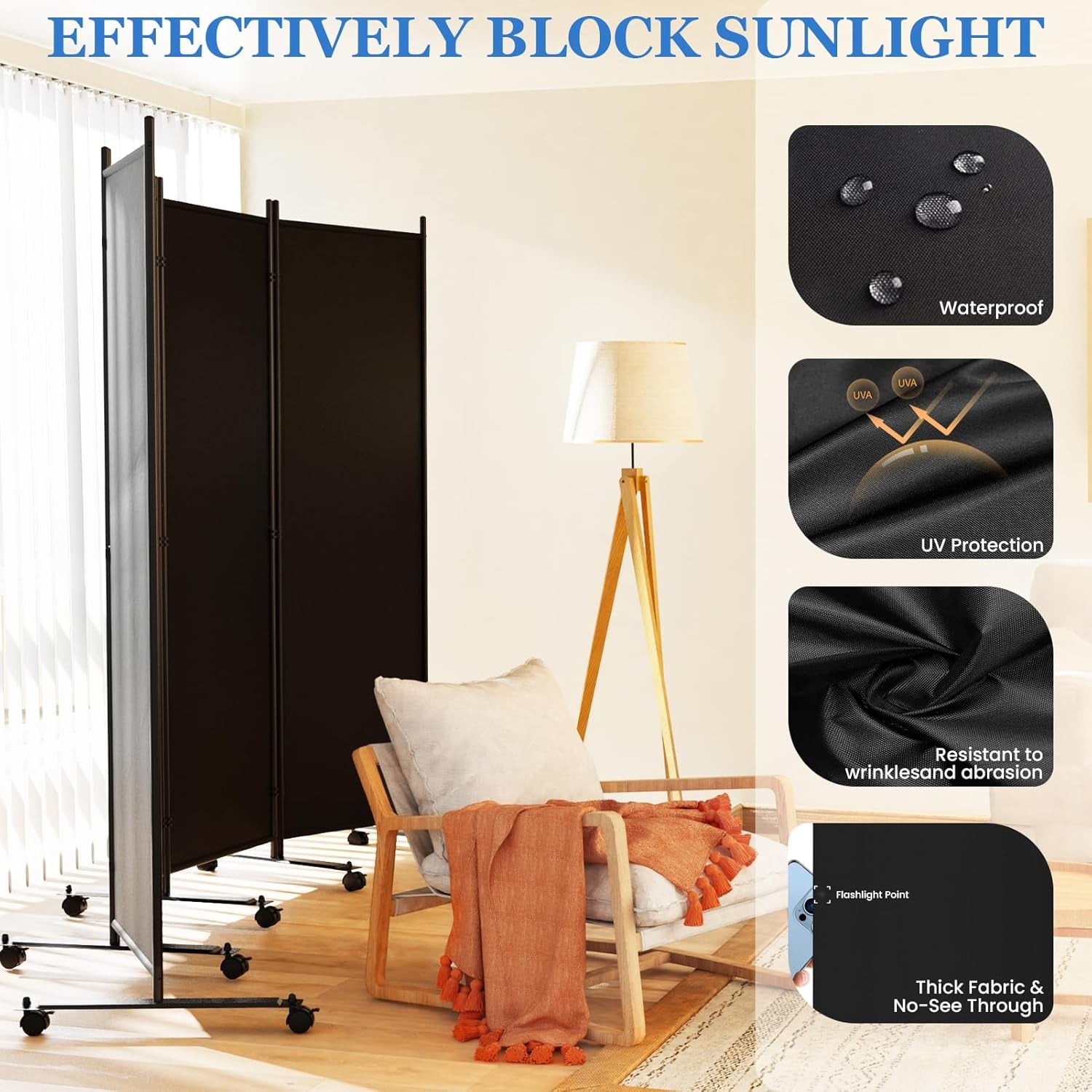 Room Divider 6FT Folding Privacy Screens with Lockable Wheels, 4 Panel Room Partition for Room Separator, 88" W Freestanding Portable Fabric Wall Dividers for Home Dorm Studio Office, Black