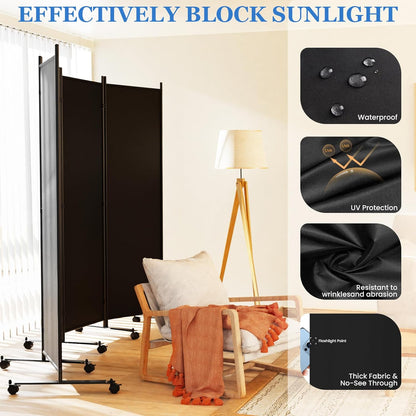 Room Divider 6FT Folding Privacy Screens with Lockable Wheels, 4 Panel Room Partition for Room Separator, 88" W Freestanding Portable Fabric Wall Dividers for Home Dorm Studio Office, Black