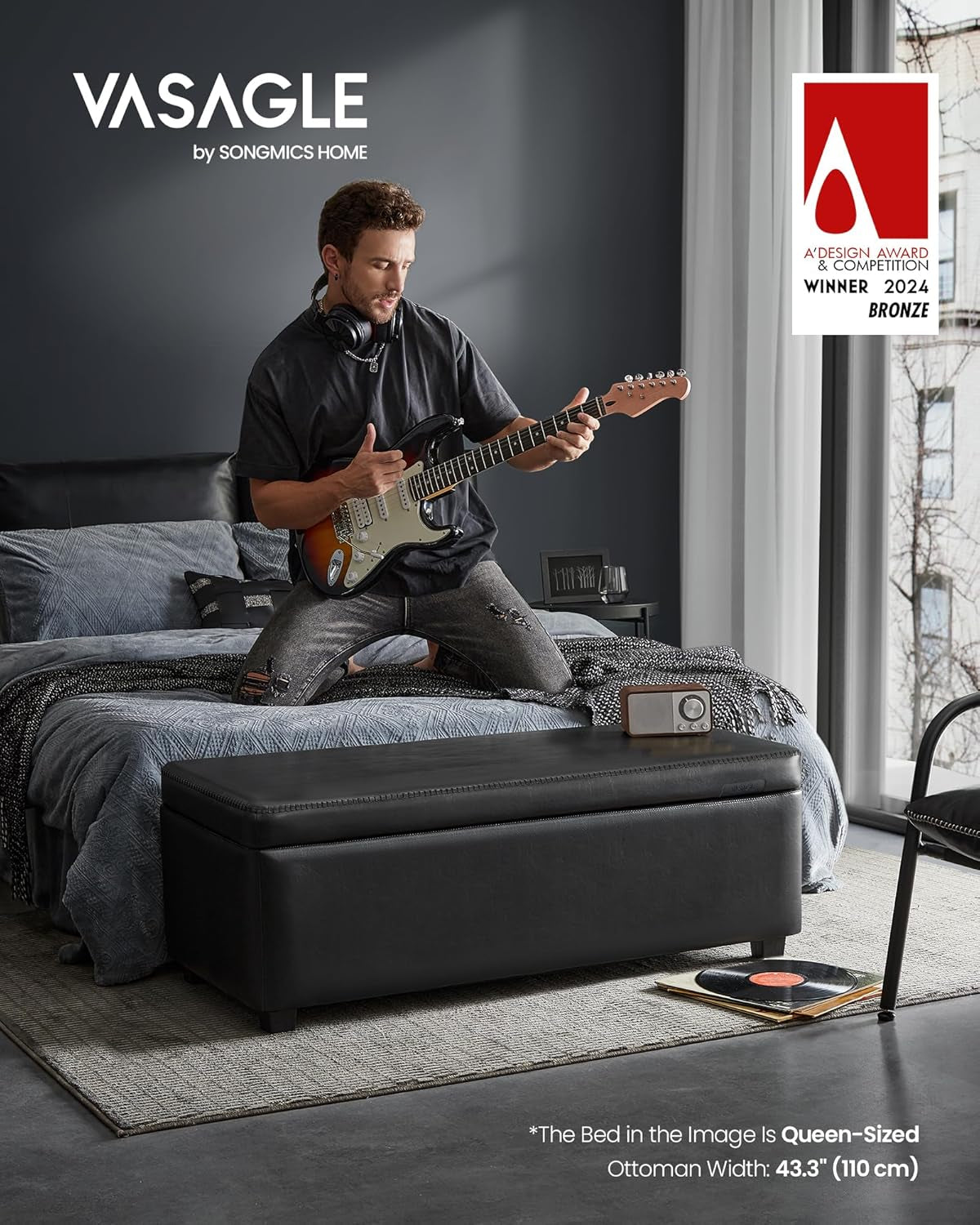 EKHO Collection - Bench for Entryway Bedroom, Synthetic Leather with Stitching, Ottoman Bench with Steel Legs, Living Dining Room, Mid-Century Modern, Loads 660 Lb, Ink Black ULOM076B01