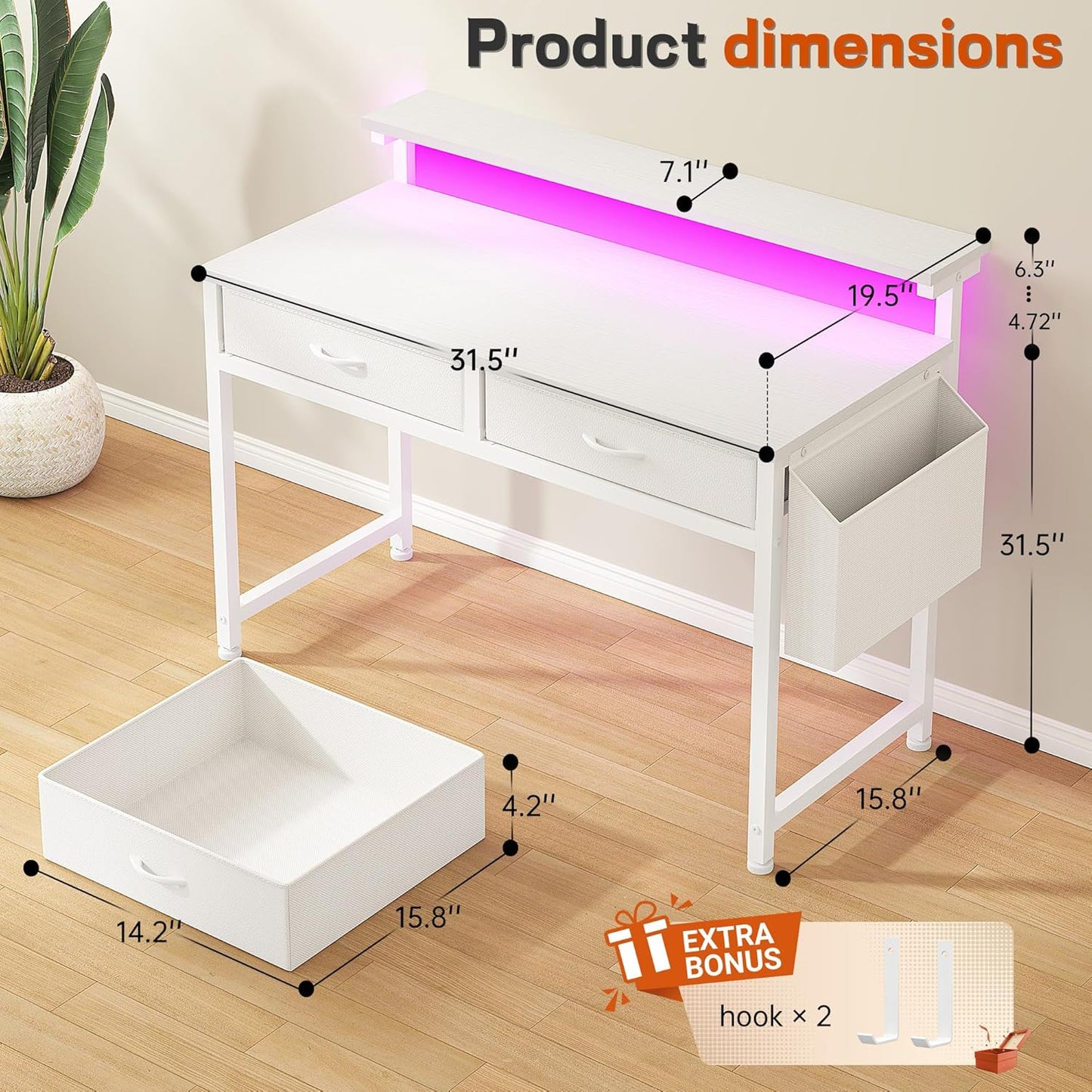 Computer Desk with 2 Drawers & LED Lights,31.5 Inch Home Office Desks with Side Pocket and Monitor Stand,Study Writing Table for Small Spaces,White