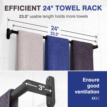 Towel Rack for Bathroom - 24" Rustproof Towel Holder, Sturdy Towel Bar Wall Mounted, Space-Saving Towel Hanger, Bathroom Accessories, Home Decor, Apparment Essentials, Black