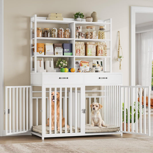 71''H X 47.2''W Large Dog Crate Furniture with 4-Tier Shelves and 2 Storage Drawers, Heavy Duty Dog Cage Furniture with 2 Doors, Wood & Metal Dog Kennel Indoor for Small/Medium/Large Dog, White