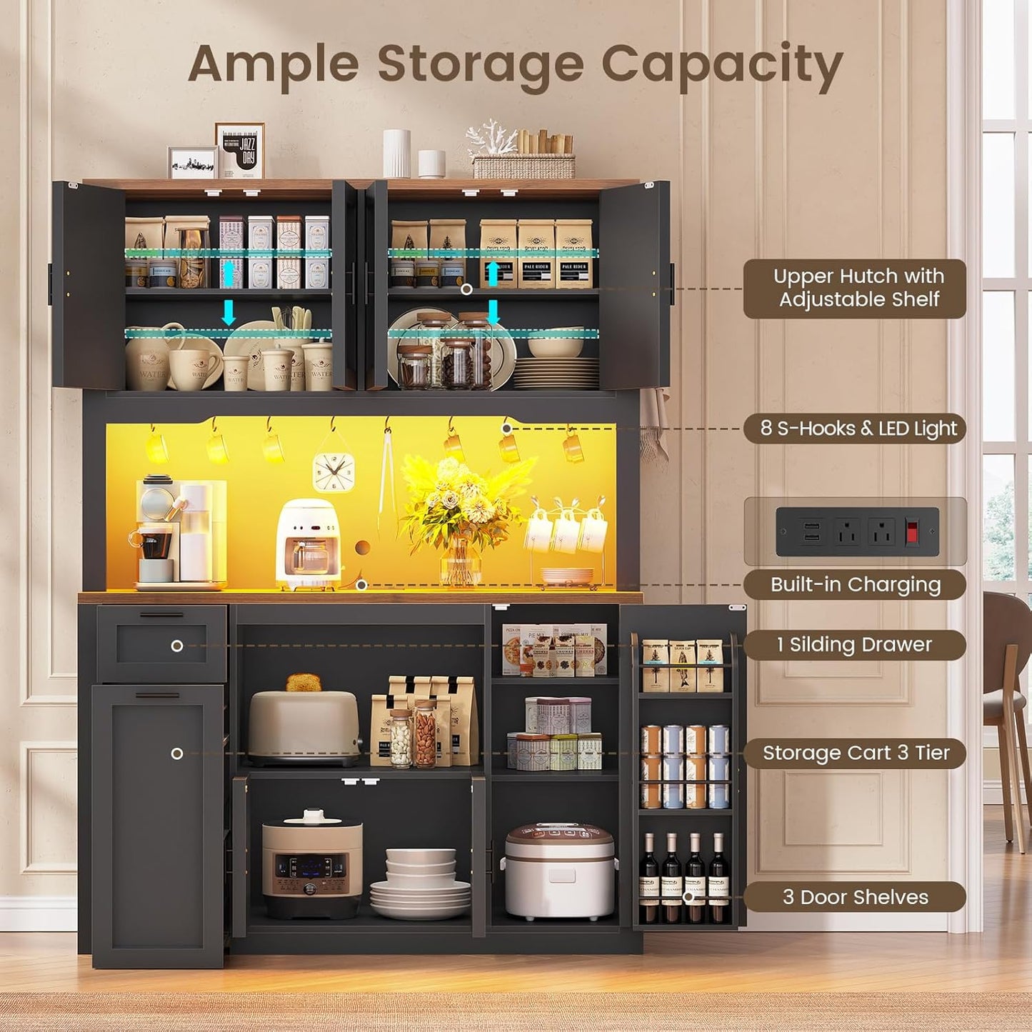 71" Pantry Cabinet with Charging Station and LED Light, Kitchen Pantry Cabinet with Microwave Stand, 47.2" Wide Kitchen Storage Cabinets with Storage Cart 3 Tier for Dining Room, Black