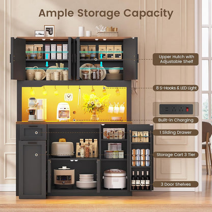 71" Pantry Cabinet with Charging Station and LED Light, Kitchen Pantry Cabinet with Microwave Stand, 47.2" Wide Kitchen Storage Cabinets with Storage Cart 3 Tier for Dining Room, Black