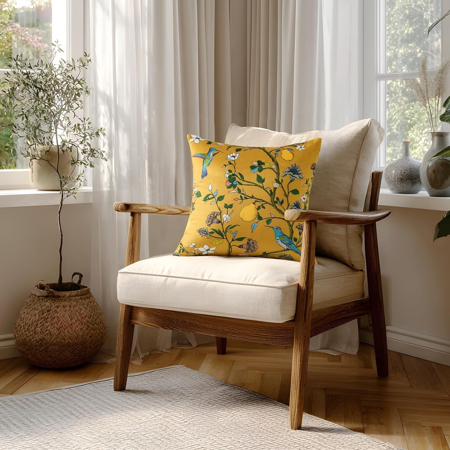 Mustard Yellow Floral Pillow Covers 18X18 Set of 2, Velvet Wild Flower Plant Throw Pillows Case, Square Farmhouse Decor Cushion Covers for Home Sofa Bed Couch