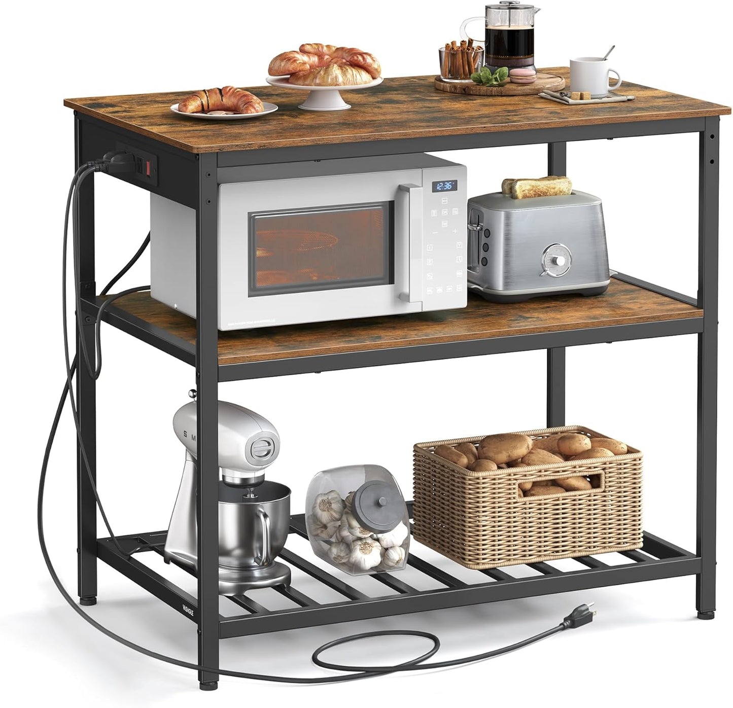 Kitchen Island with 3 Shelves, 39.4 Inches Width Kitchen Shelf with Power Strip, Large Worktop, Stable Steel Structure, Industrial, Easy to Assemble, Rustic Brown and Black UKKI105K01