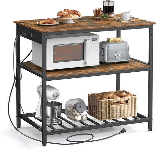Kitchen Island with 3 Shelves, 39.4 Inches Width Kitchen Shelf with Power Strip, Large Worktop, Stable Steel Structure, Industrial, Easy to Assemble, Rustic Brown and Black UKKI105K01
