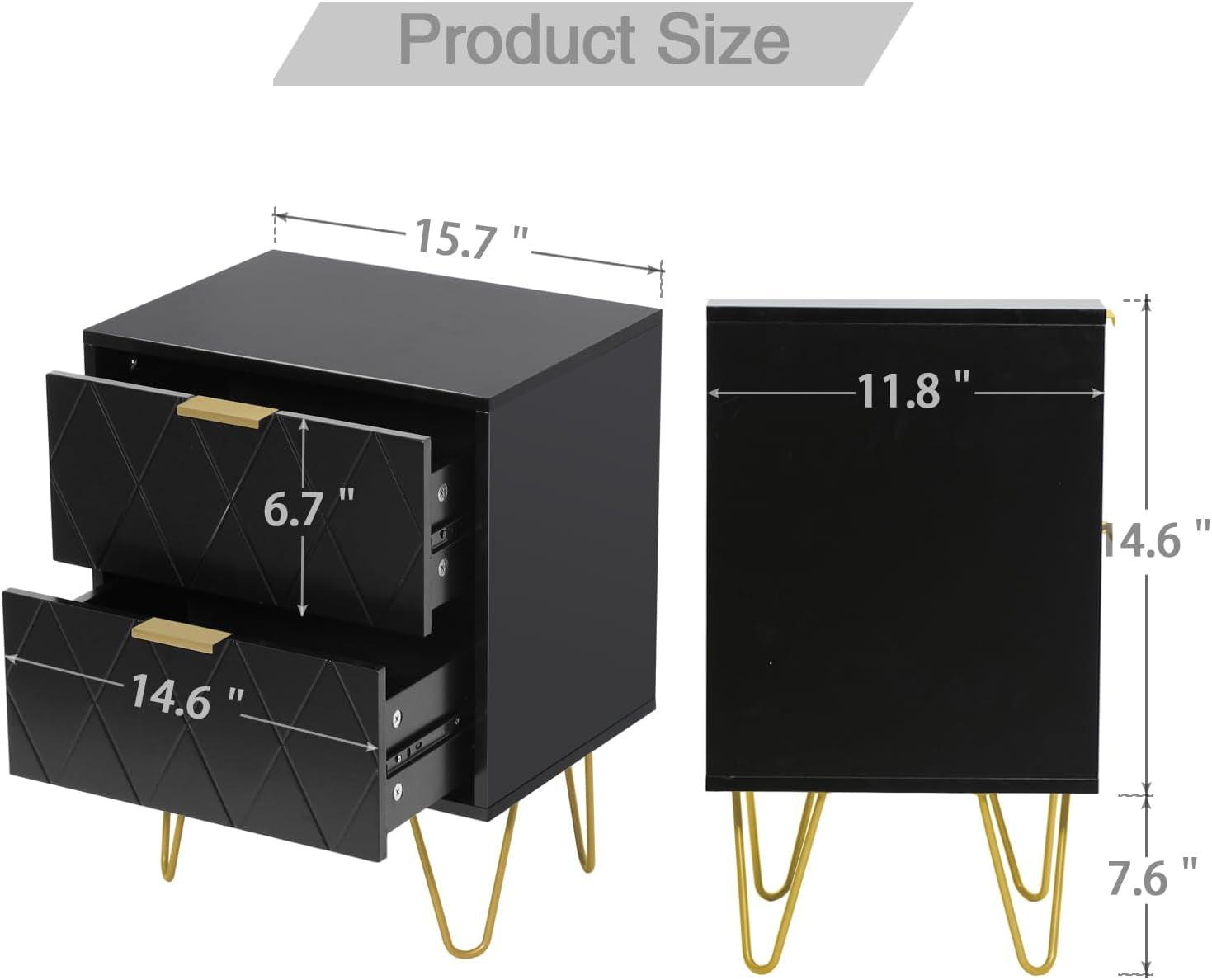 3 Pcs Bedroom Set, 6 Drawer Dresser and 2 Nightstand Sets for Bedroom, Night Stand Set of 2 & 6 Drawer Dresser with Gold Handle, Modern Set (Black)