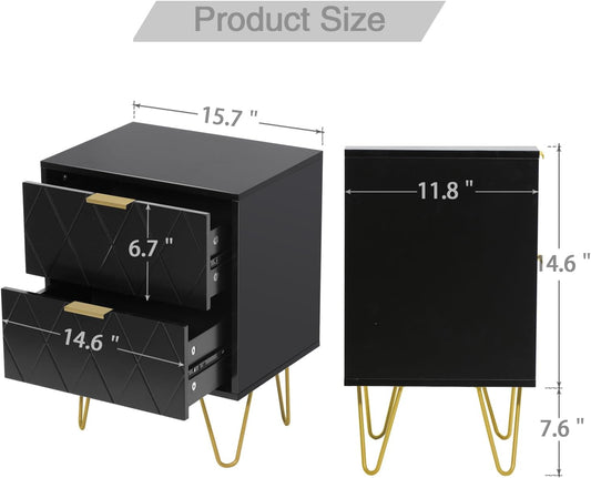 3 Pcs Bedroom Set, 6 Drawer Dresser and 2 Nightstand Sets for Bedroom, Night Stand Set of 2 & 6 Drawer Dresser with Gold Handle, Modern Set (Black)