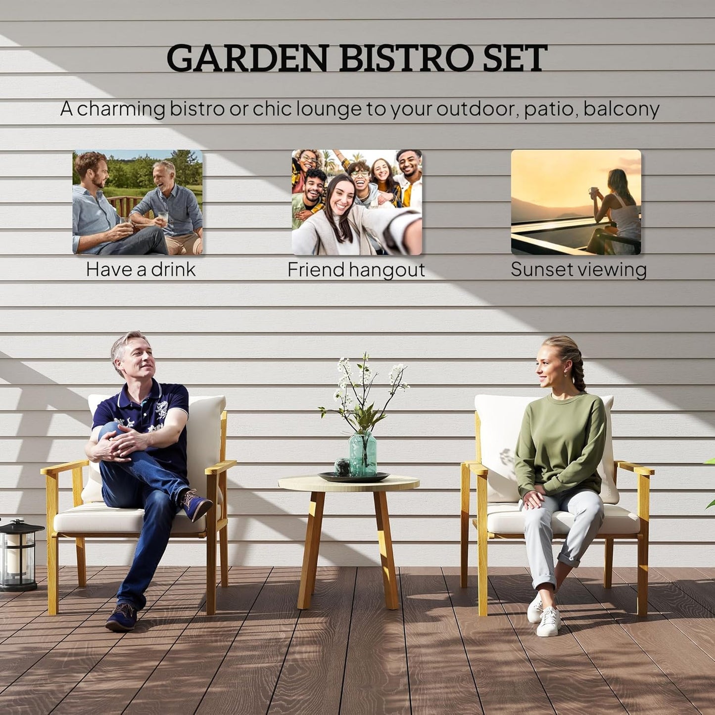 Outdoor Bistro Set, 3 Piece Patio Set, Wood Effect Steel round Table and Chairs with Wide and Deep Seat, Small Conversation Patio Furniture with Cushions for Backyard, Porch, Cream White