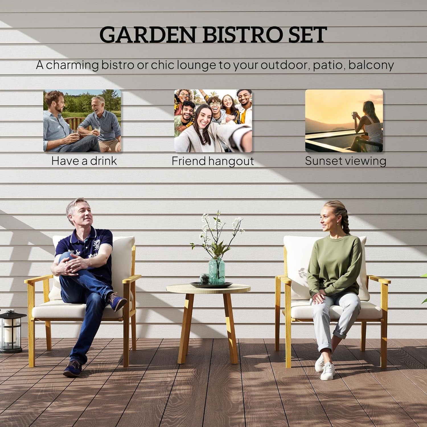 Outdoor Bistro Set, 3 Piece Patio Set, Wood Effect Steel round Table and Chairs with Wide and Deep Seat, Small Conversation Patio Furniture with Cushions for Backyard, Porch, Cream White