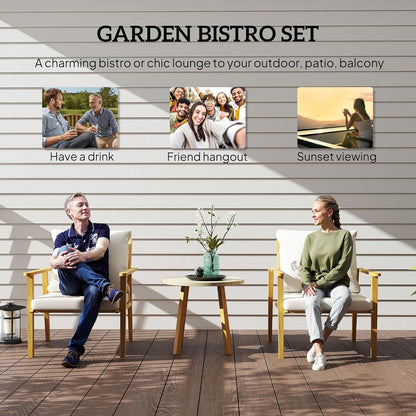 Outdoor Bistro Set, 3 Piece Patio Set, Wood Effect Steel round Table and Chairs with Wide and Deep Seat, Small Conversation Patio Furniture with Cushions for Backyard, Porch, Cream White