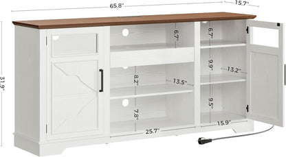 65.8" Farmhouse TV Stand for 60/65/70 Inch Tvs, Tall Entertainment Center with LED Lights & Power Outlet, Media Console with Storage Cabinets & Adjustable Shelves for Living Room, White